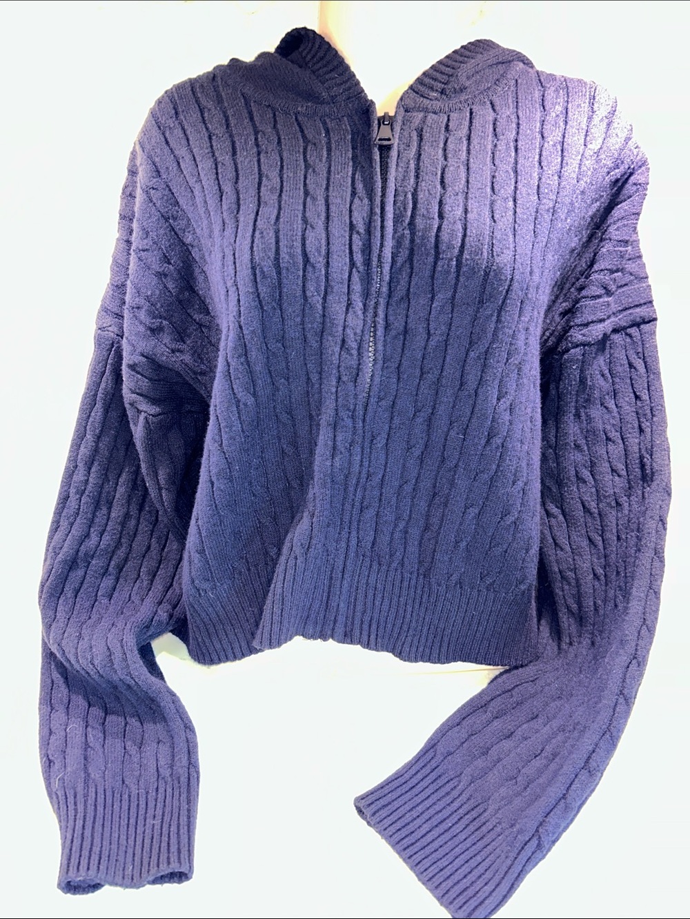 Pink Rose Cable-Knit Hooded Zip Sweater Cropped - Navy
